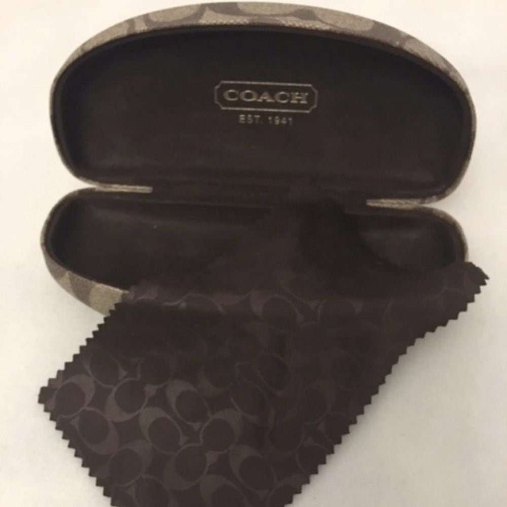 COACH Brown Logo Print Small Hard Clamshell Glasses Case